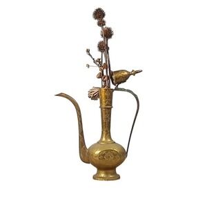 Vintage India Etched Brass Aftaba Teapot Pitcher Gold Decorative Boho